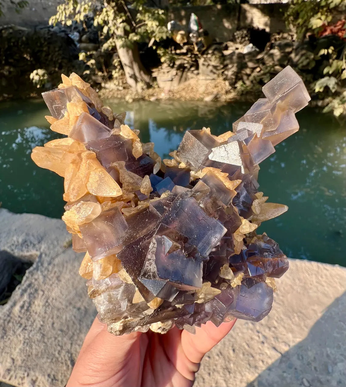 Purple Cubic Fluorite Combined unique Yellow Calcite Mineral Specimen from Pakistan - 670 gram