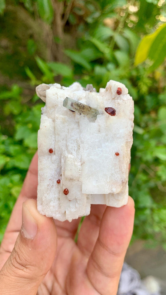 Red Garnet Crystals with Tourmaline Included Aquamarine on Feldspar from Pakistan - 176 gram