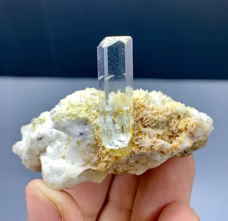 Blue Aquamarine Crystal on Albite from Pakistan - 61 Gram