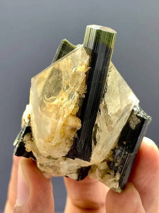 Natural terminated Green Cap Tourmaline Crystals on Quartz from pakistran - 75 Gram