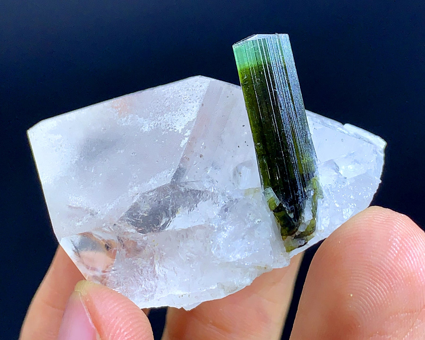 Natural Terminated Green Cap tourmaline Crystal On Quartz - 34 Gram