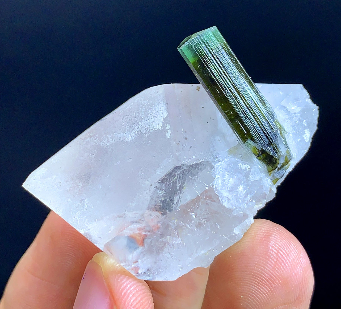 Natural Terminated Green Cap tourmaline Crystal On Quartz - 34 Gram