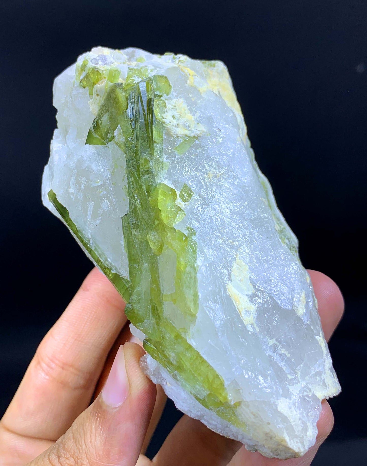 Terminated And Elongated Green Tourmaline Crytal On Quartz From Pakistan