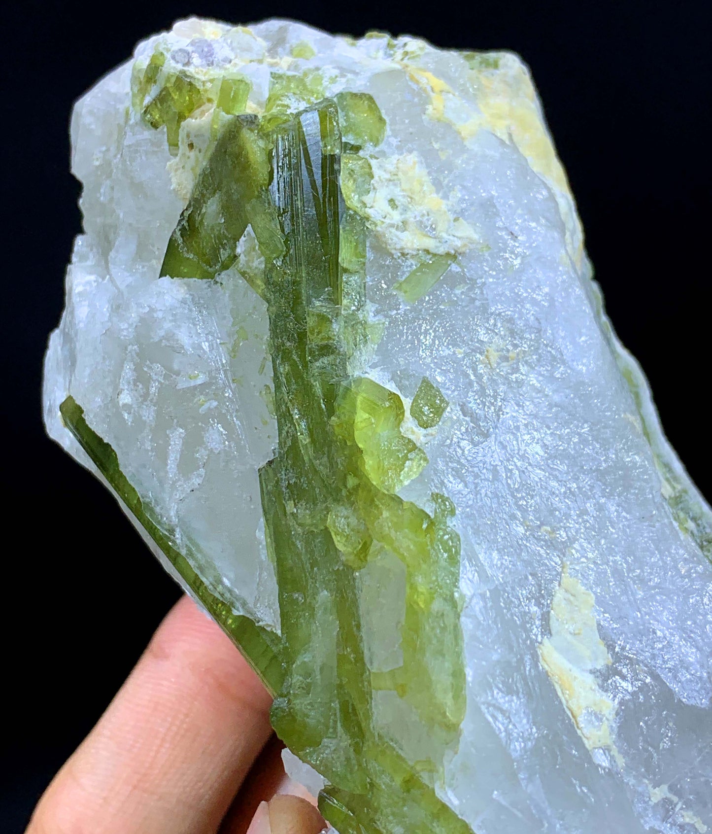 Terminated And Elongated Green Tourmaline Crytal On Quartz From Pakistan