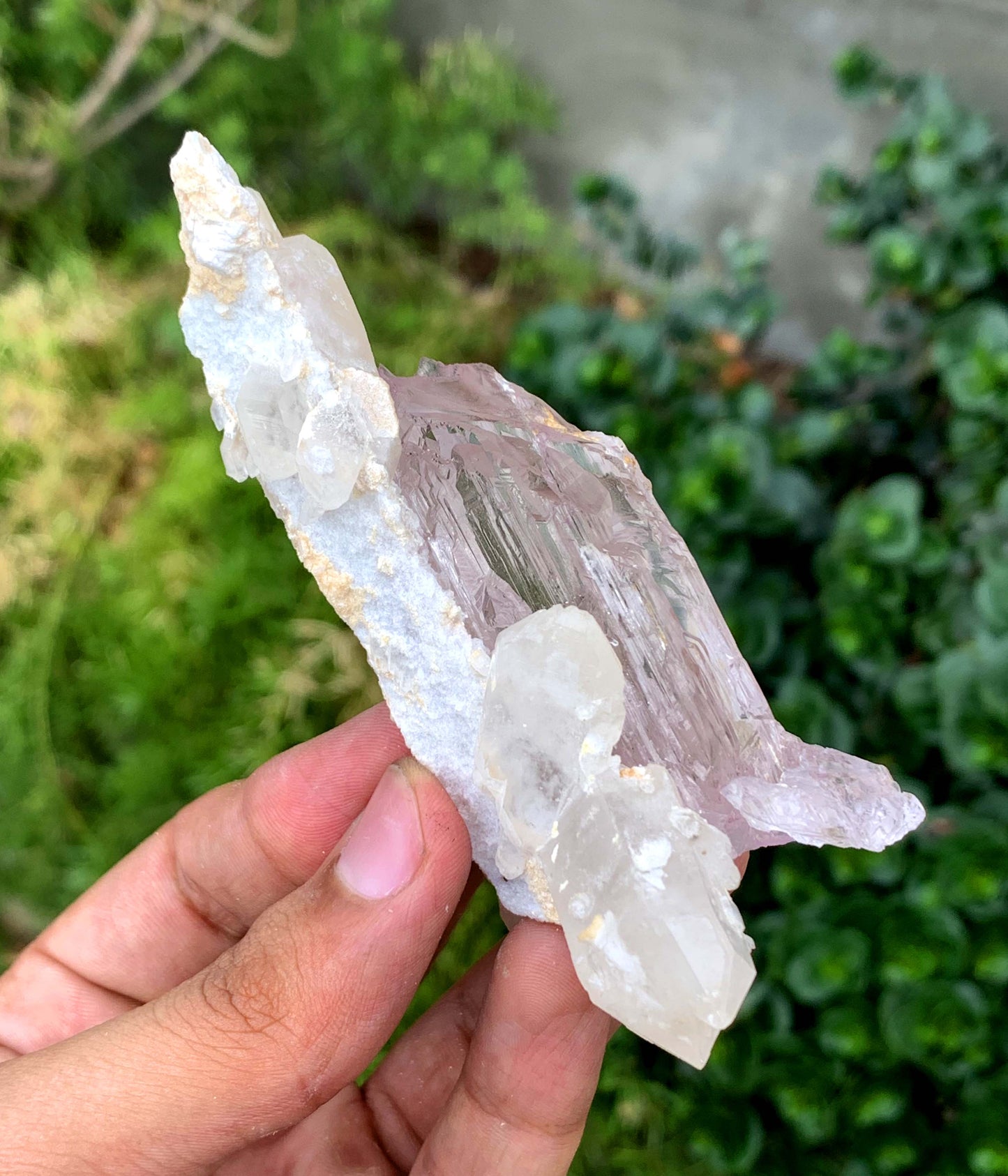 Mountain Shape Terminated Fluorescent pink Kunzite Crystal With Quartz From Afghanistan