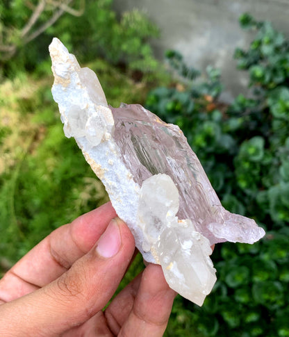 Mountain Shape Terminated Fluorescent pink Kunzite Crystal With Quartz From Afghanistan