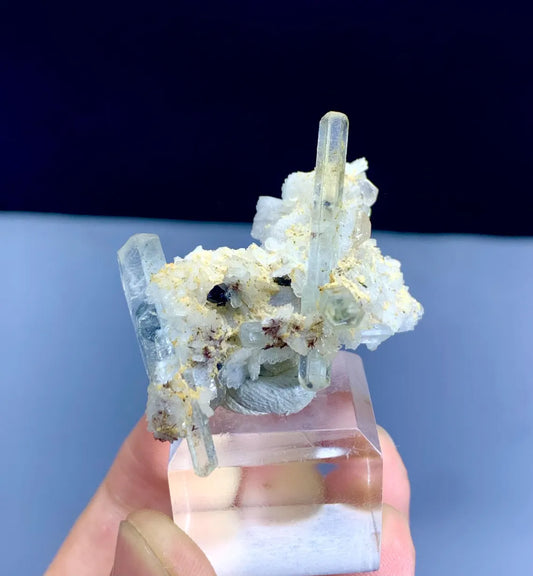 Transparent Blue Aquamarine Crystals with Schorl on Albite from Pakistan - 16 gram