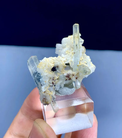 Transparent Blue Aquamarine Crystals with Schorl on Albite from Pakistan - 16 gram