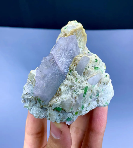 Stunning Pink Kunzite Crystals with Green Tourmalines on Matrix from Afghanistan- 235 gram