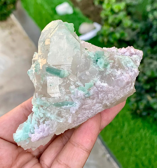 Paraiba-Like Color Tourmaline Crystals with Lepidolite on Quartz from Afghanistan - 205 grams