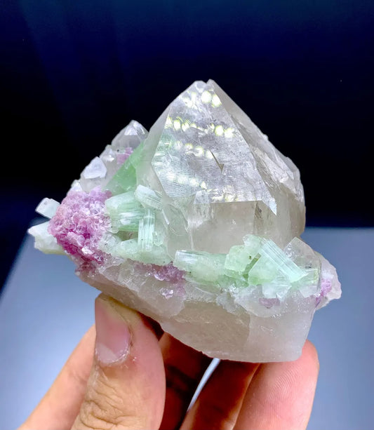 Green Tourmalines with Pink Lepidolite on Quartz from Afghanistan - 195 grams