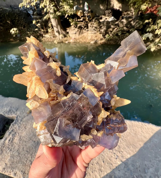 Purple Cubic Fluorite Combined unique Yellow Calcite Mineral Specimen from Pakistan - 670 gram