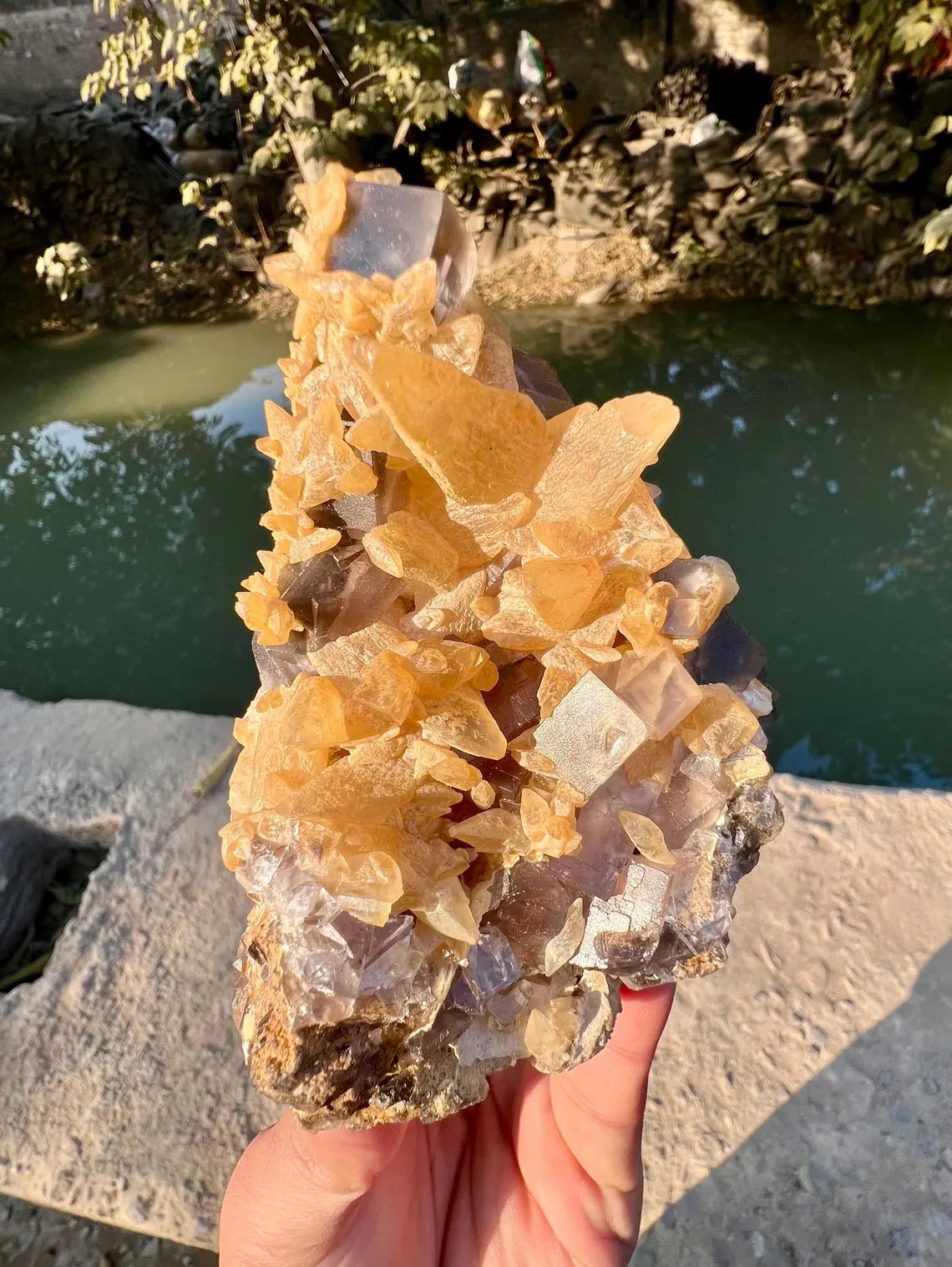 Purple Cubic Fluorite Combined unique Yellow Calcite Mineral Specimen from Pakistan - 670 gram
