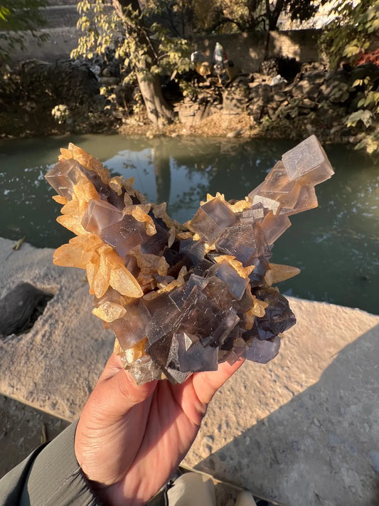 Purple Cubic Fluorite Combined unique Yellow Calcite Mineral Specimen from Pakistan - 670 gram