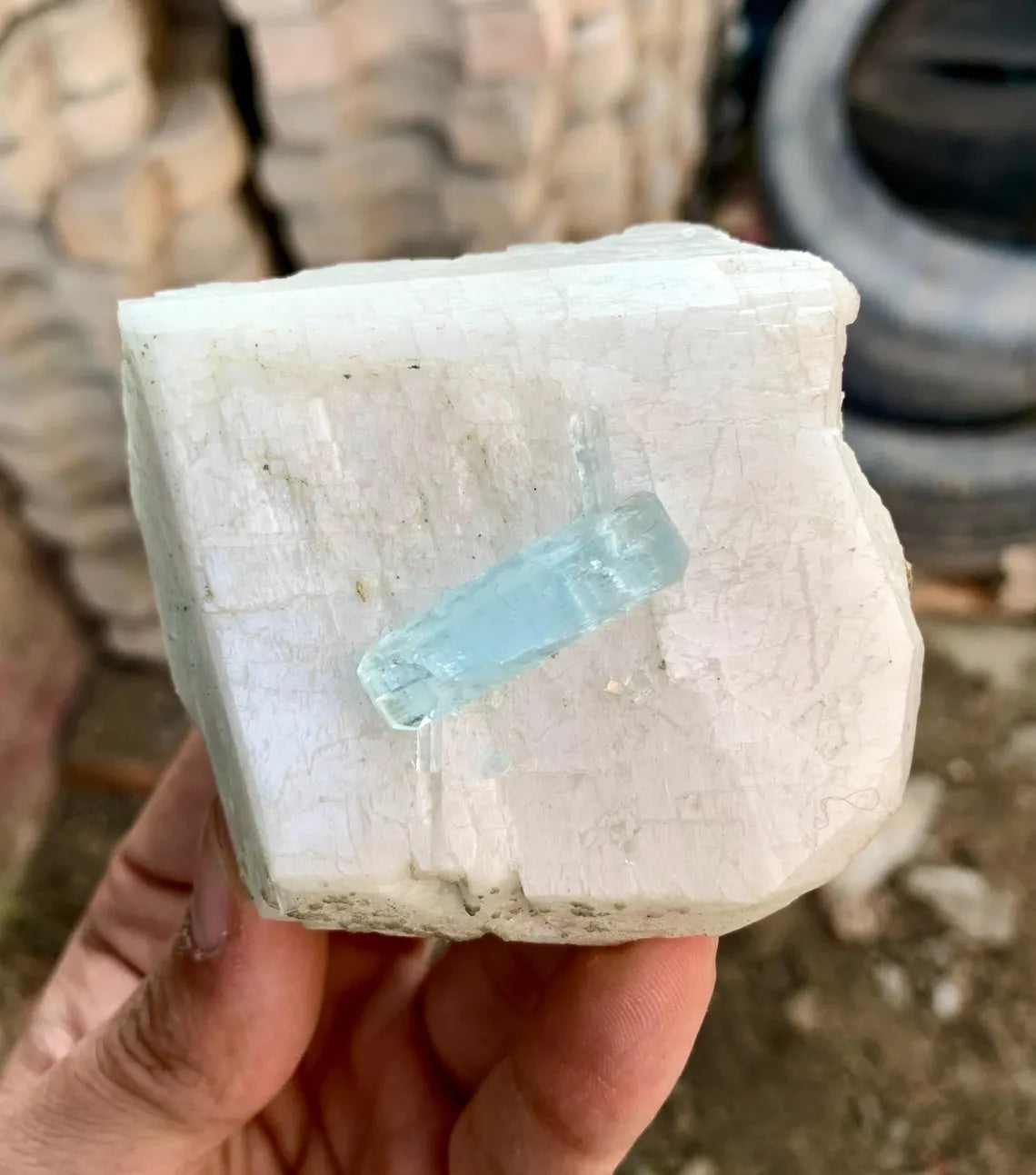 Blue Aquamarine Crystal on Feldspar from Pakistan - 231 gram