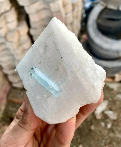 Blue Aquamarine Crystal on Feldspar from Pakistan - 231 gram