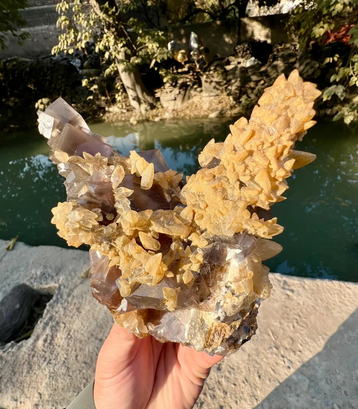 Purple Cubic Fluorite Combined unique Yellow Calcite Mineral Specimen from Pakistan - 670 gram