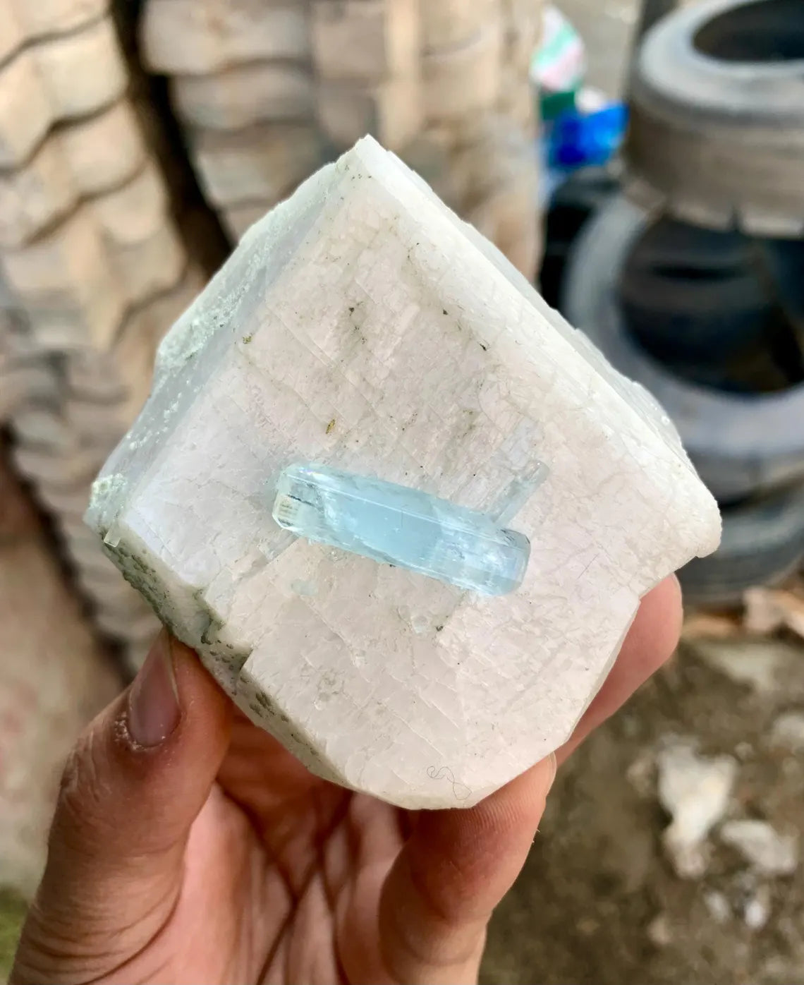 Blue Aquamarine Crystal on Feldspar from Pakistan - 231 gram