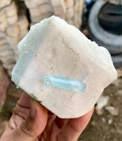 Blue Aquamarine Crystal on Feldspar from Pakistan - 231 gram