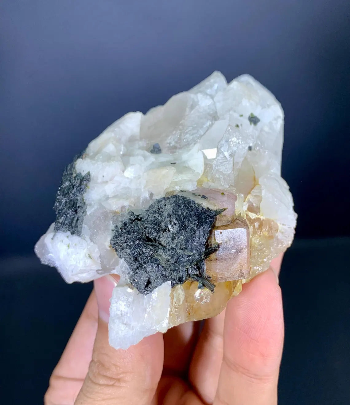 Fluorescent Apatite on Quartz and Black Tourmaline from Skardu Pakistan - 153 gram