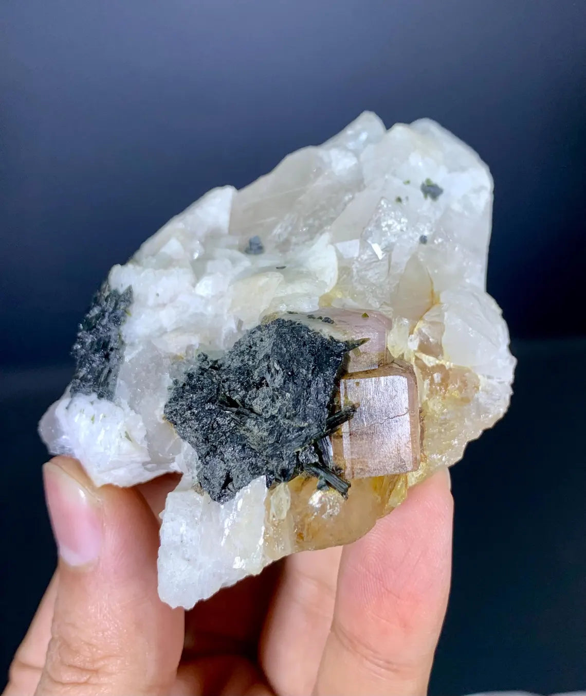 Fluorescent Apatite on Quartz and Black Tourmaline from Skardu Pakistan - 153 gram
