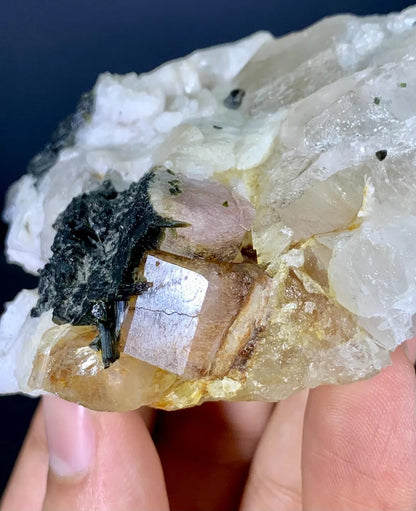 Fluorescent Apatite on Quartz and Black Tourmaline from Skardu Pakistan - 153 gram