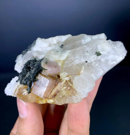 Fluorescent Apatite on Quartz and Black Tourmaline from Skardu Pakistan - 153 gram