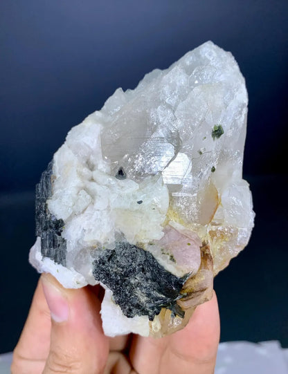 Fluorescent Apatite on Quartz and Black Tourmaline from Skardu Pakistan - 153 gram
