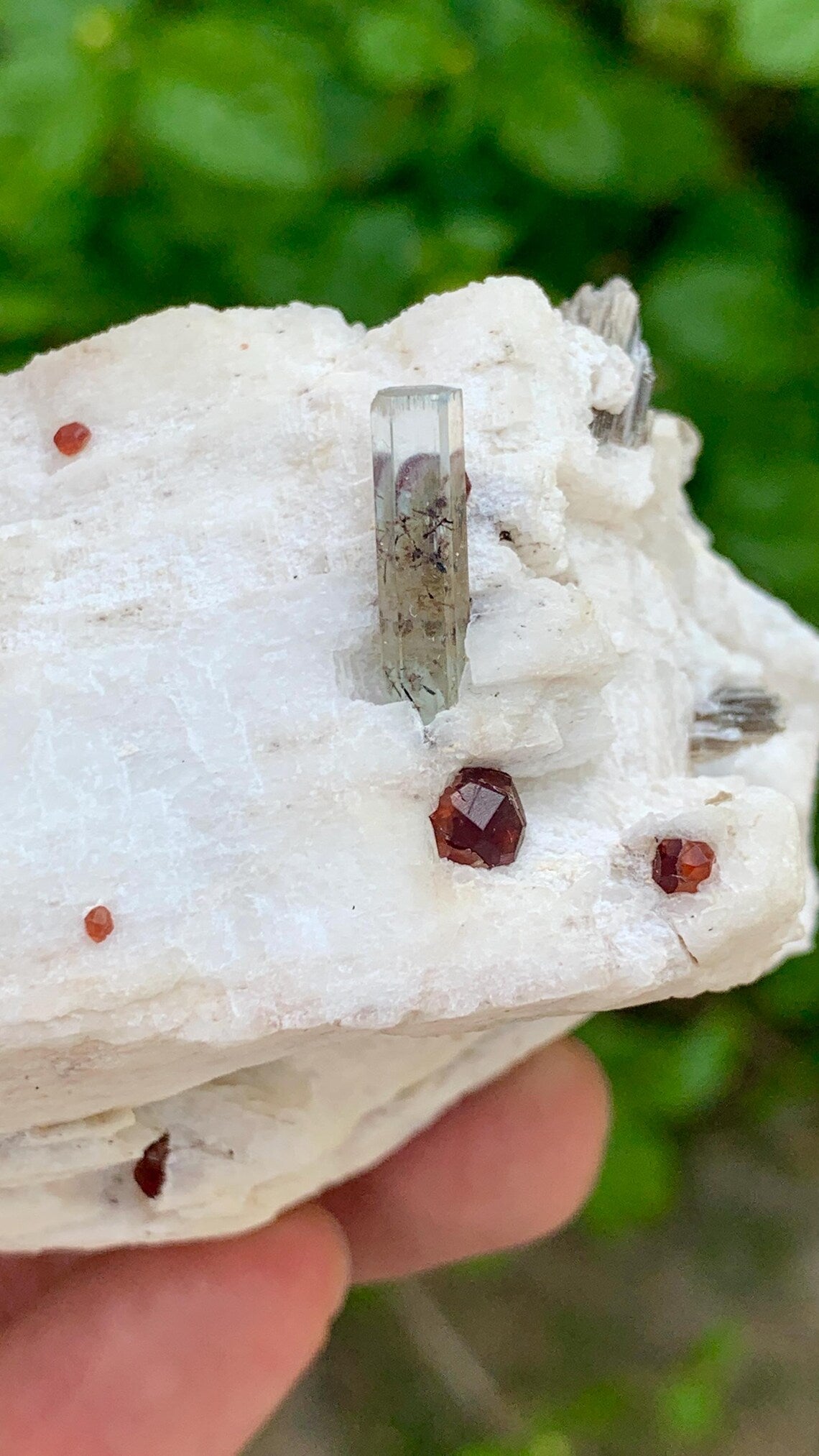 Red Garnet Crystals with Tourmaline Included Aquamarine on Feldspar from Pakistan - 176 gram