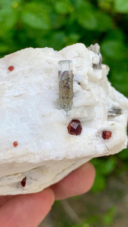 Red Garnet Crystals with Tourmaline Included Aquamarine on Feldspar from Pakistan - 176 gram