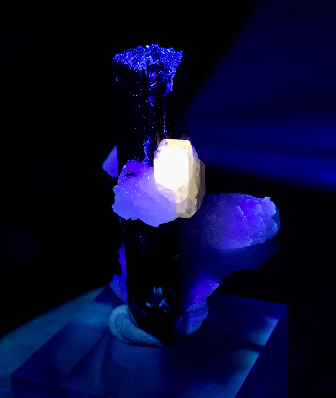 Fluorescent Pink Apatite on Etched Schorl and Albite from Skardu Pakistan - 16 gram