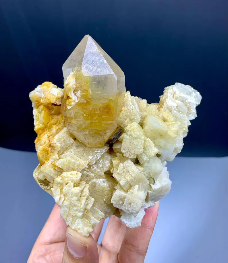 Yellow Lemurian Quartz on Feldspar - 703 Grams
