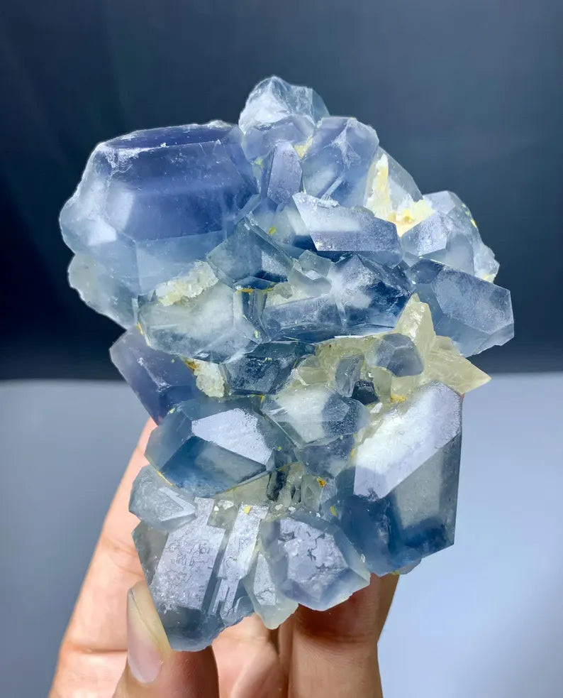 Blue Celestine Crystals Cluster with Calcite from Afghanistan - 375 Gram