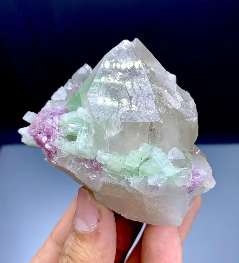 Green Tourmalines with Pink Lepidolite on Quartz from Afghanistan - 195 Gram