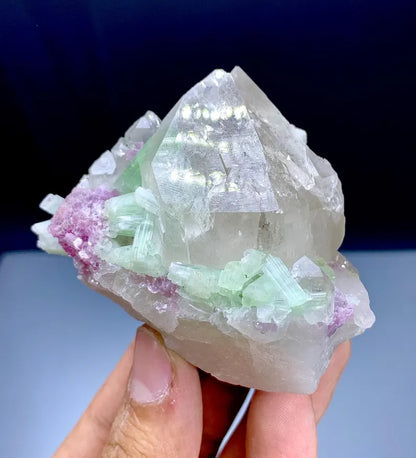 Green Tourmalines with Pink Lepidolite on Quartz from Afghanistan - 195 Gram