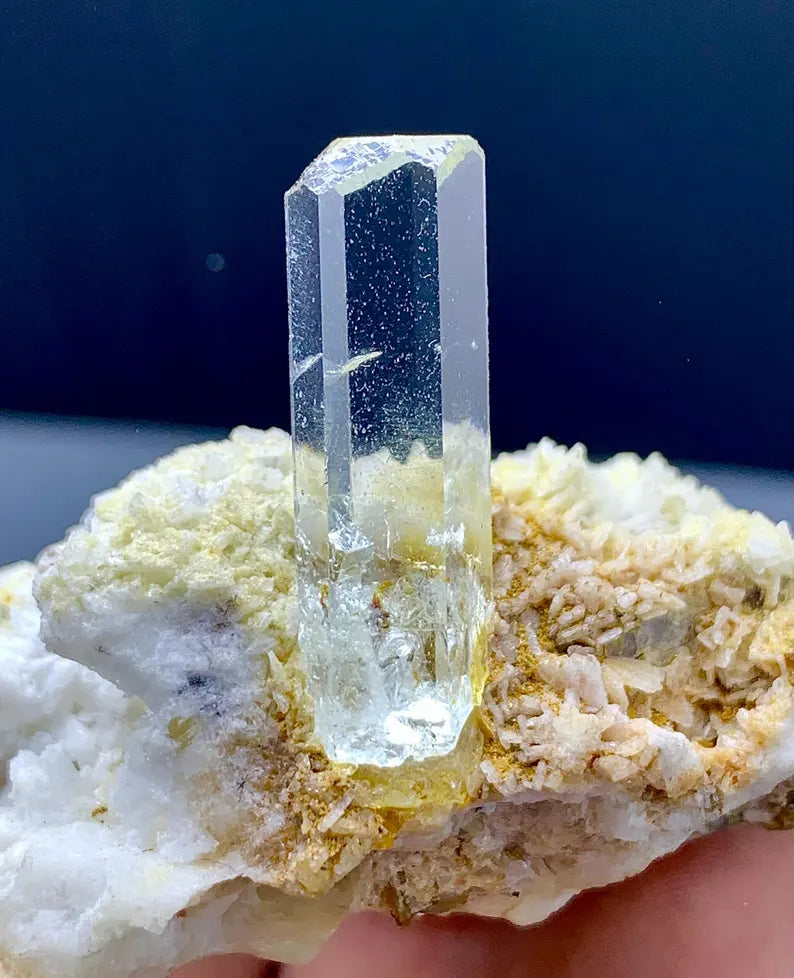 Blue Aquamarine Crystal on Albite from Pakistan - 61 Gram