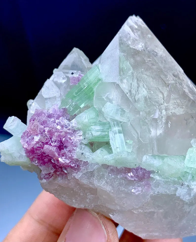 Green Tourmalines with Pink Lepidolite on Quartz from Afghanistan - 195 Gram