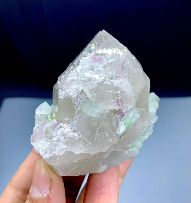 Green Tourmalines with Pink Lepidolite on Quartz from Afghanistan - 195 Gram