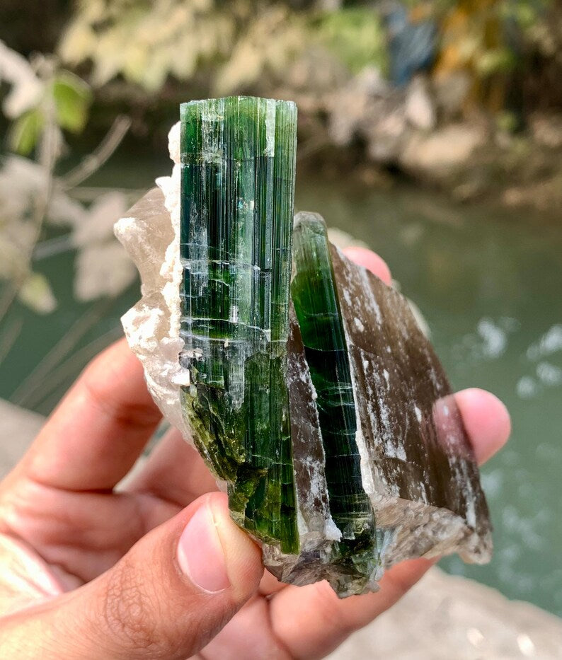 Green Tourmaline Crystals on Quartz from Afghanistan - 239 Gram
