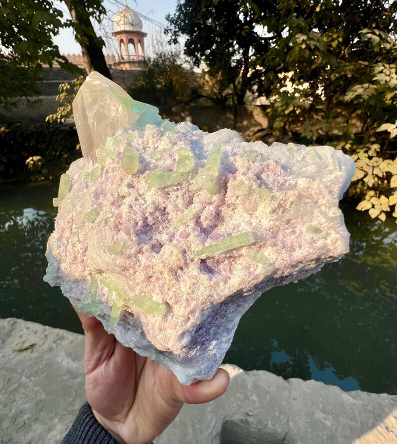 Green Tourmaline Crystals with Quartz on Lepidolite from Afghanistan - 580 Grams