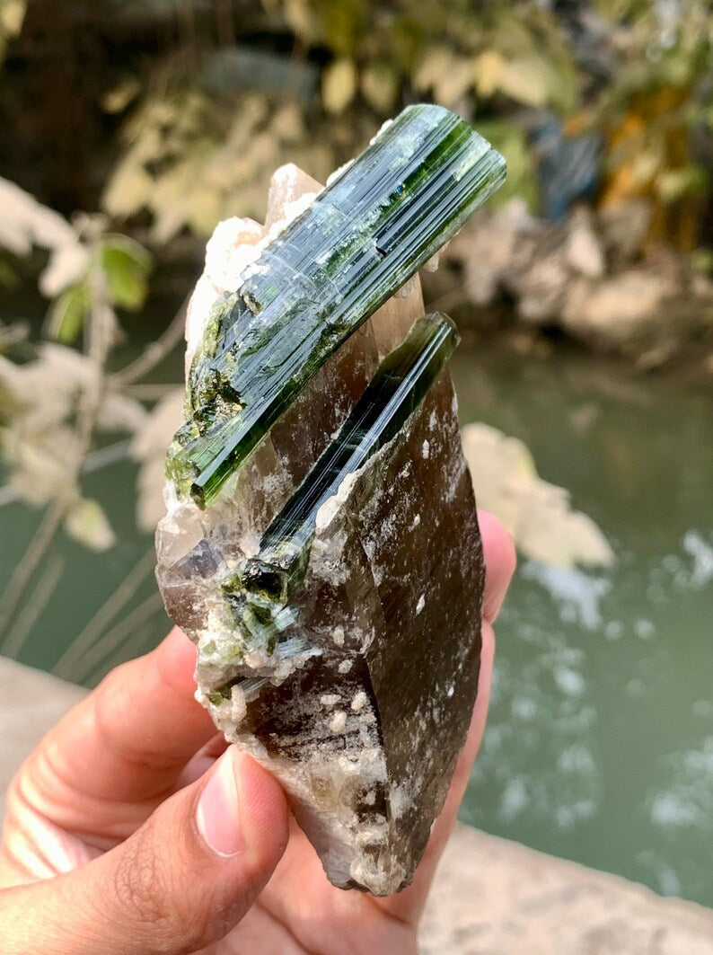 Green Tourmaline Crystals on Quartz from Afghanistan - 239 Gram