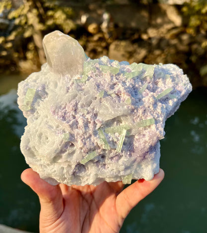 Green Tourmaline Crystals with Quartz on Lepidolite from Afghanistan - 580 Grams