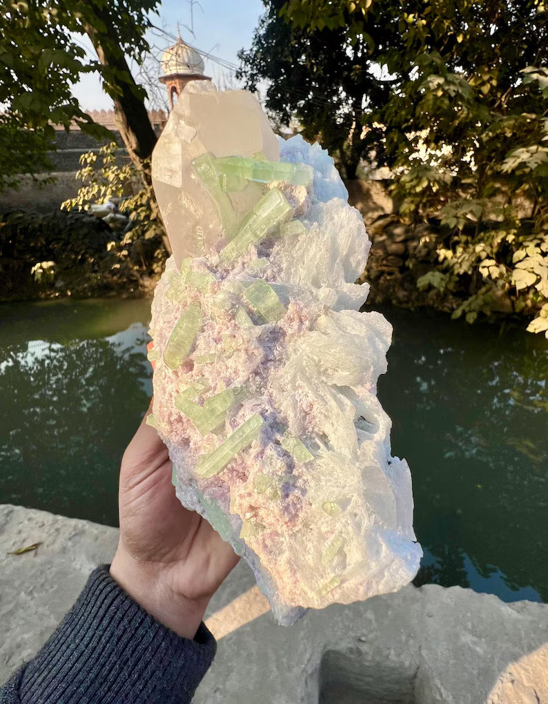 Green Tourmaline Crystals with Quartz on Lepidolite from Afghanistan - 580 Grams