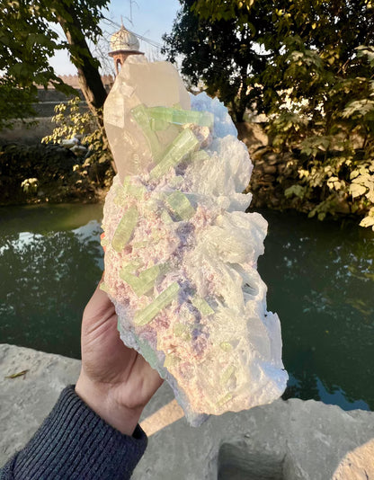 Green Tourmaline Crystals with Quartz on Lepidolite from Afghanistan - 580 Grams