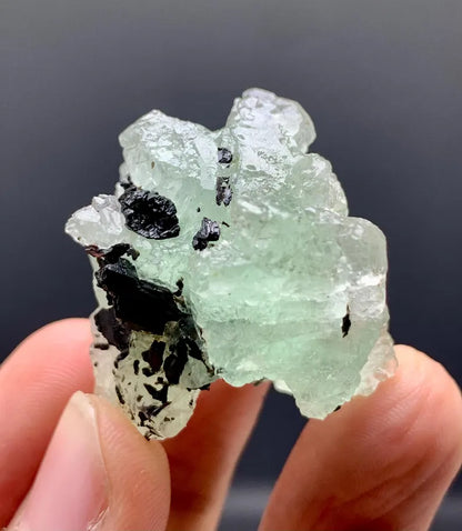 Etched Green Fluorite Crystal withSchorl from Pakistan - 26 Grams