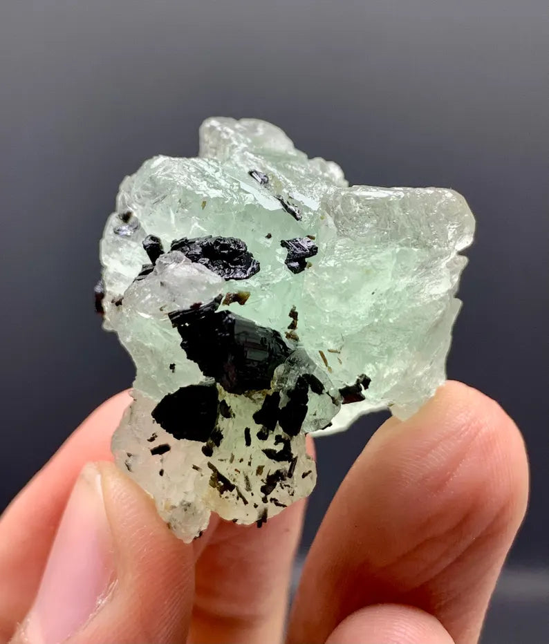 Etched Green Fluorite Crystal withSchorl from Pakistan - 26 Grams
