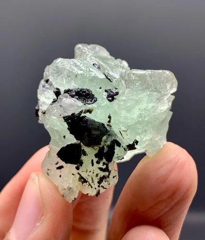 Etched Green Fluorite Crystal withSchorl from Pakistan - 26 Grams