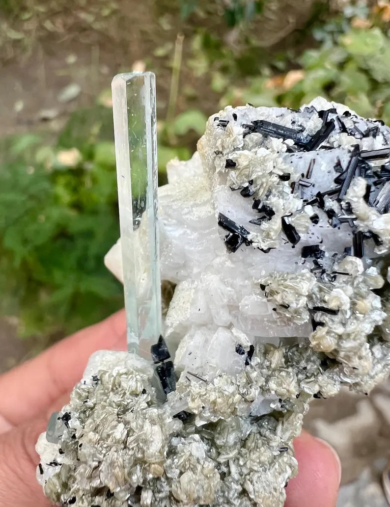 Transparent Blue Aquamarine with Schorl Tourmalines Combined from Pakistan