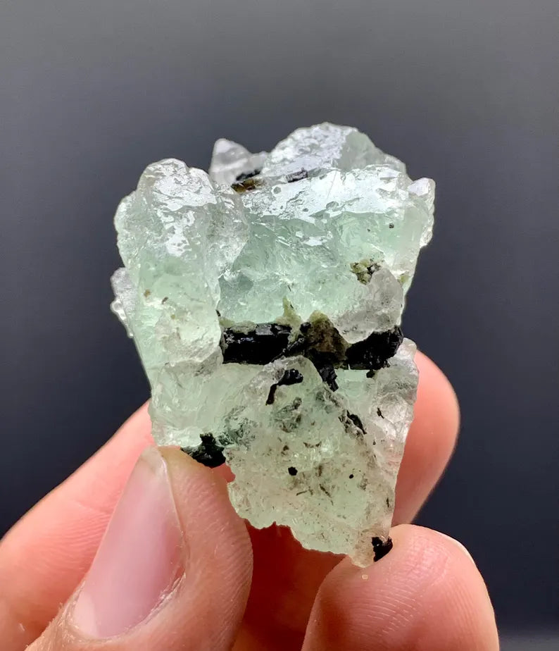 Etched Green Fluorite Crystal withSchorl from Pakistan - 26 Grams