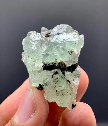 Etched Green Fluorite Crystal withSchorl from Pakistan - 26 Grams